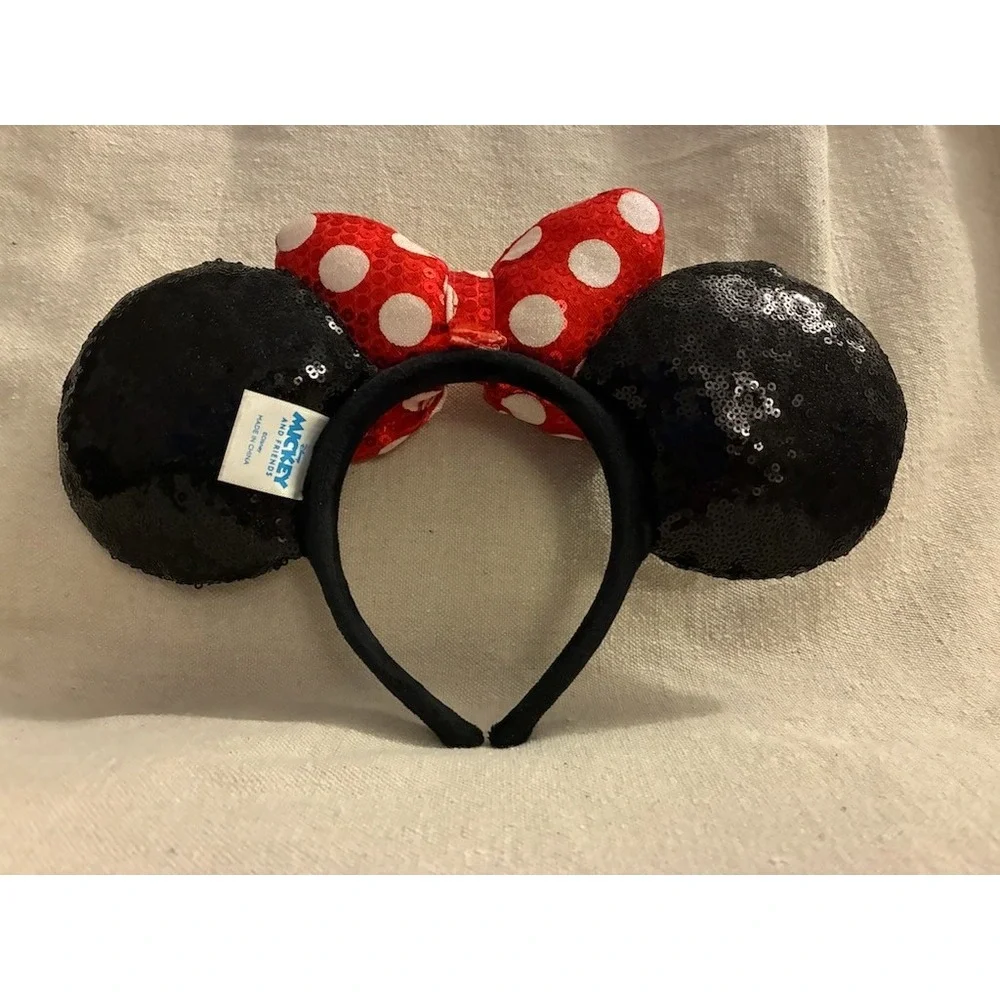 Disney Parks Minnie Mouse Sequin Ears Headband Red Polka Dot Bow Mickey Friends